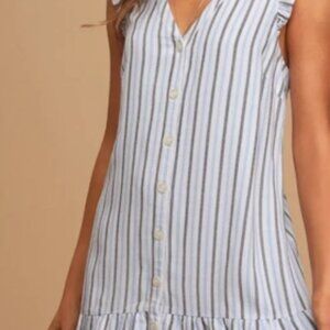 Le Lis Blue and White Stripped Button Down Dress with Ruffle Trim